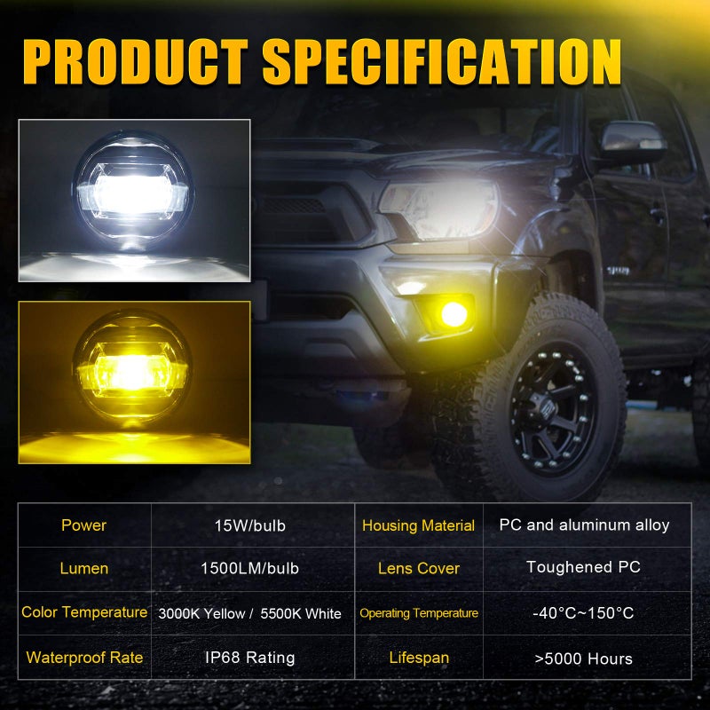 SUPAREE LED Fog Lights with Switchback Dual Color White/Yellow Fit for Tacoma 2005-2011/Tundra 2007-2013/Solara 2004-2006/Sequoia 2008-2015 Ideal for All-Weather Conditions,2 Pack - Image 2