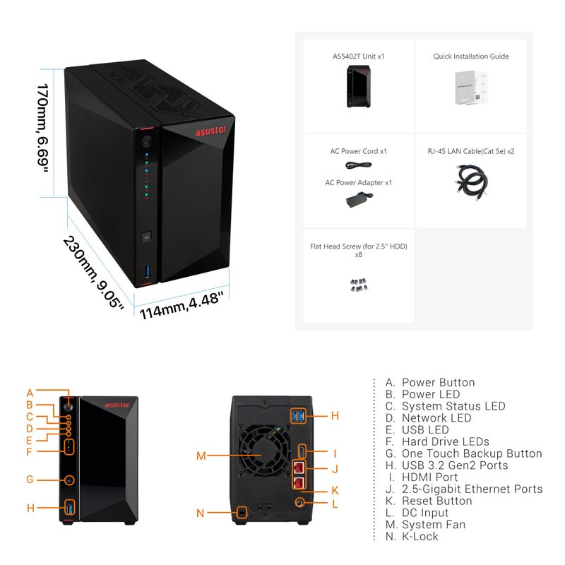 asustor Asustor AS5402T Nimbustor 2 Gen2-2 Bay NAS Network Storage Enclosure, Quad-Core 2.0GHz CPU, 4xM.2 NVMe SSD Slots, 2x2.5GbE Ports, 4GB DDR4 RAM, Gaming-Inspired NAS - Image 2