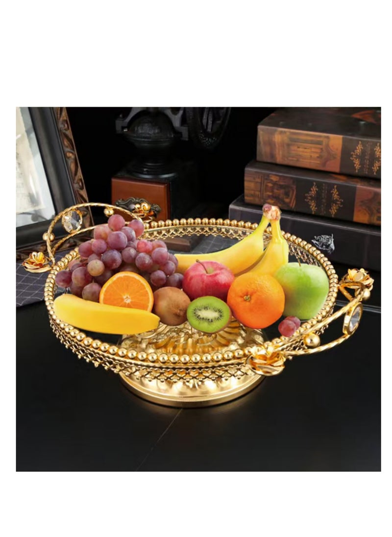 Generic - Decorative Gold Metal Fruit Bowl with Crystal Handles, Elegant Beaded Design, Large Round Serving Tray,Kitchen Counter Wave Fruit Basket Serving Bowl Wire Fruit Dish for Fruits and Veggies - Image 1