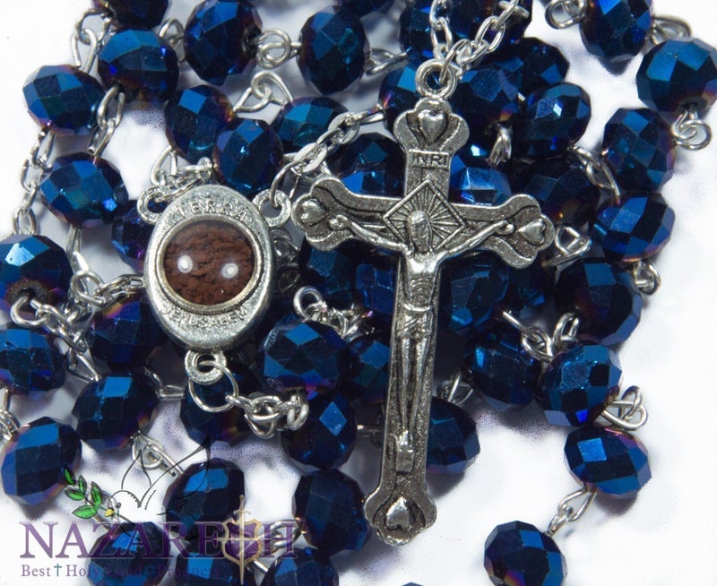 Holy Land Gifts Saphire Blue Crystals Rosary Catholic Necklace With Cross and Holy Soil 