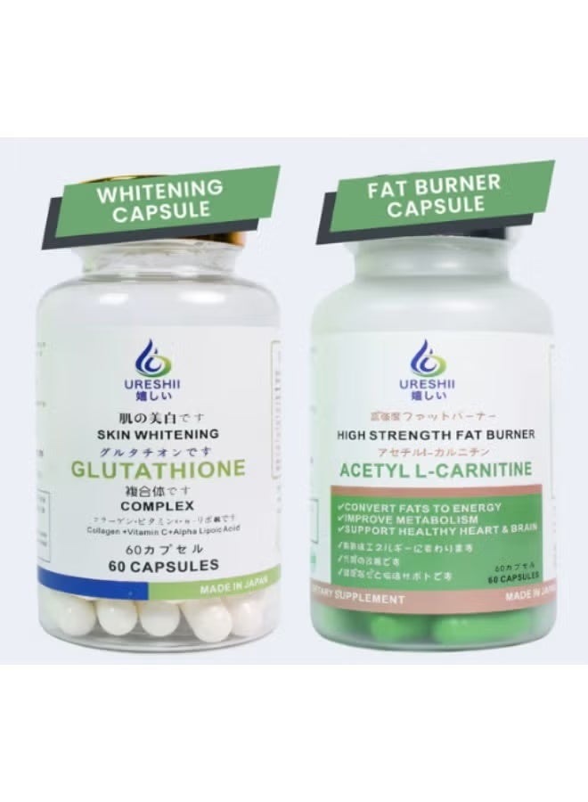 Ureshii Daily Wellness Combo: Glutathione Complex (Skin Whitening) & Acetyl L-Carnitine (Fat Burner) Supplements, 2-Pack, 60 Capsules Each