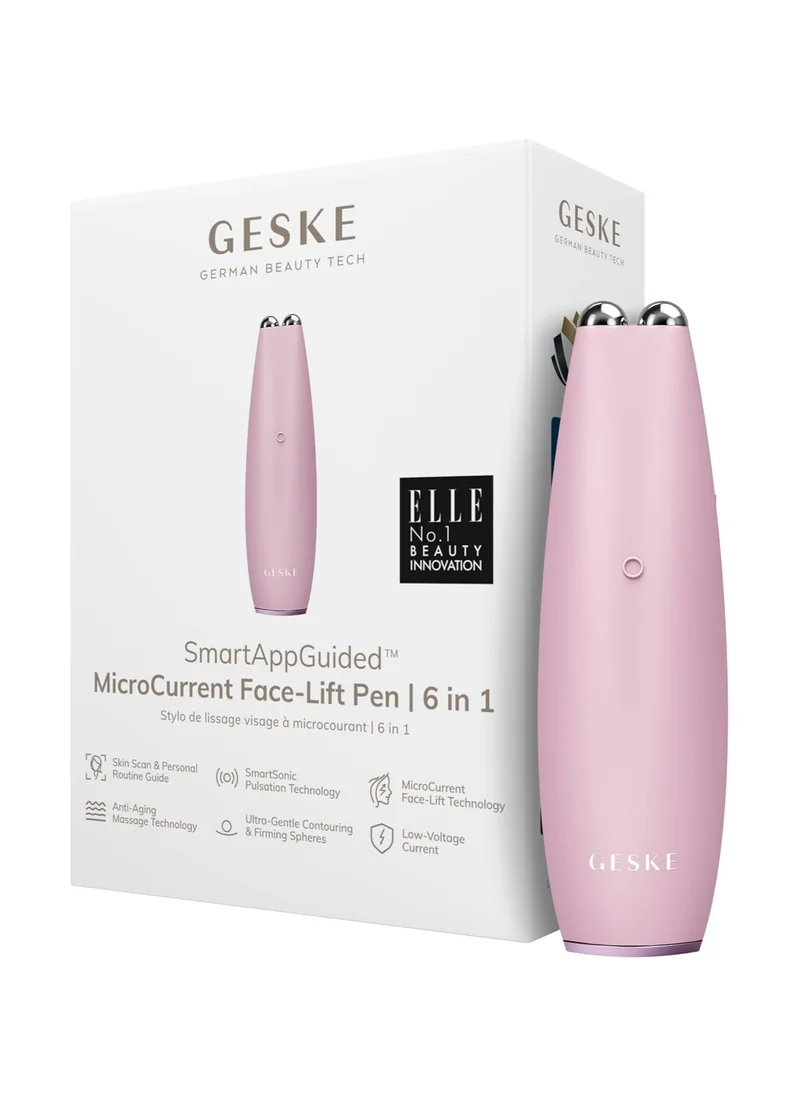 GESKE SmartAppGuided MicroCurrent Face-Lift Pen | 6 in 1 | Anti-aging device | Instant face lift | Skincare tool | Remove wrinkles for firm & youthful skin | Advanced smoothing facial firmer - Pink