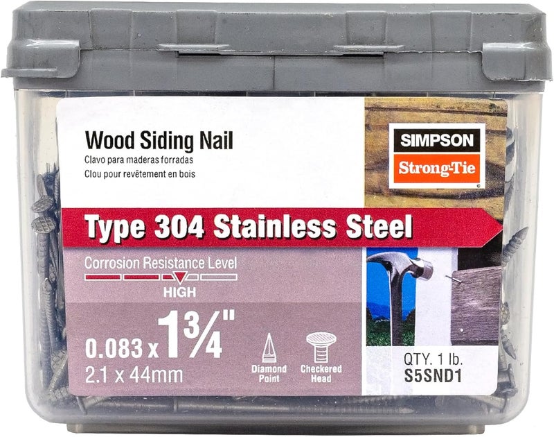 Simpson StrongTie S5SND1 Ring-Shank Wood Siding Nail, 1-3/4 Inch x 0.083 Inch, 14 Gauge, Full Round Head, Diamond Point, Type 304 Stainless Steel (Pack of 350) - Image 1
