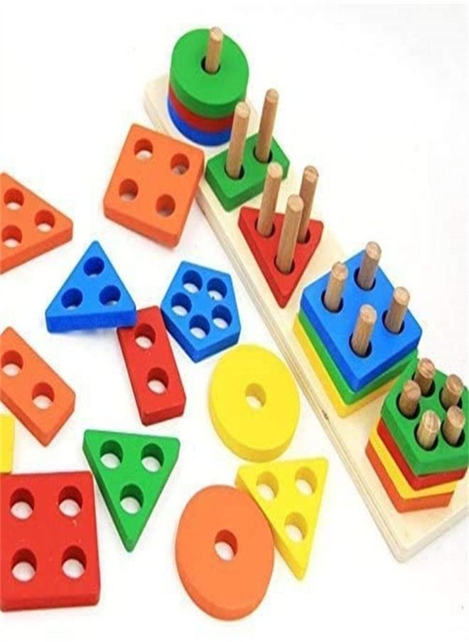 ORiTi - Wooden Educational Geometric Toys, Preschool Learning Shape Color Recognition Stacking Blocks, Toddler - Image 1