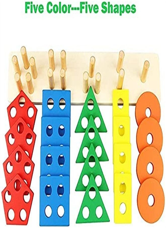 ORiTi - Wooden Educational Geometric Toys, Preschool Learning Shape Color Recognition Stacking Blocks, Toddler - Image 1