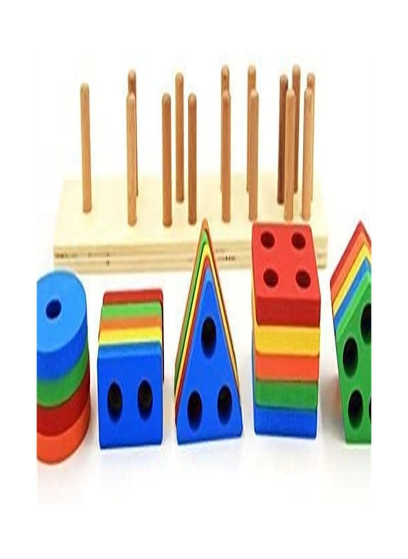 ORiTi - Wooden Educational Geometric Toys, Preschool Learning Shape Color Recognition Stacking Blocks, Toddler - Image 1