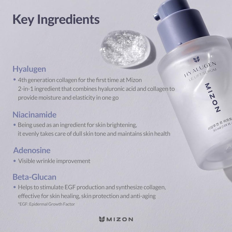 MIZON Hyalugen Le Lift Serum with Hyaluronic Acid and Marine Collagen for Fine Lines Total Face Care Youthful Skin Refreshing Lifting Korean Skincare (1.01 oz) - Image 3