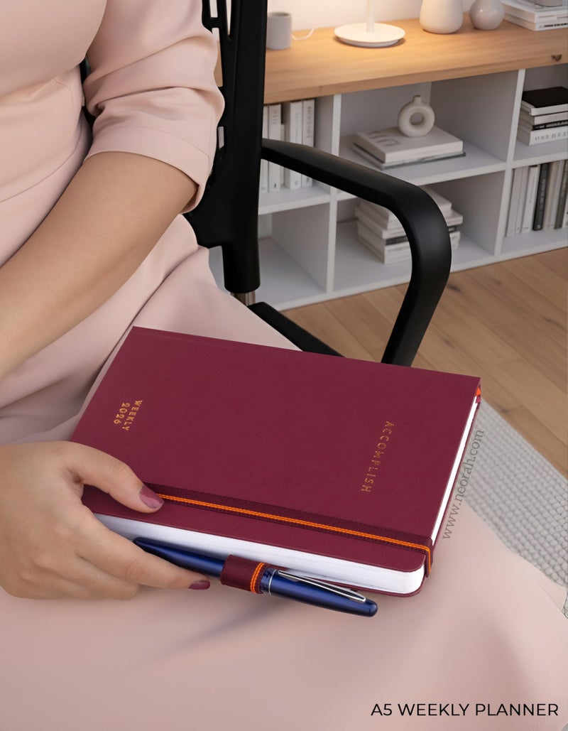 NEORAH — A5 Dated WEEKLY Planner 2026 ACCOMPLISH—264 Pages of Yearly |12 Month | 52 Week+24 Hours + Notes pages for each week — Office Diary Academic diary - Hardcover [Pen Loop Attachable] (RHUBARB) - Image 2