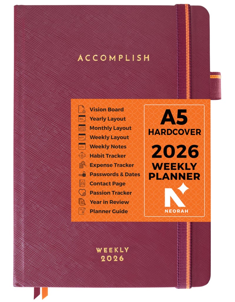 NEORAH — A5 Dated WEEKLY Planner 2026 ACCOMPLISH—264 Pages of Yearly |12 Month | 52 Week+24 Hours + Notes pages for each week — Office Diary Academic diary - Hardcover [Pen Loop Attachable] (RHUBARB) - Image 1