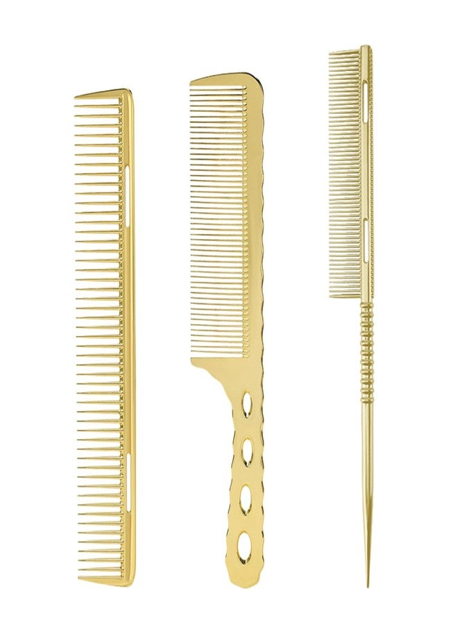 BARBERPLAN 3 Types Professional Aluminum Hair Combs Metal Combs for Hair Cutting Styling - Included Fine Tooth, Rat Tail, Handle Comb (Gold) - Image 1