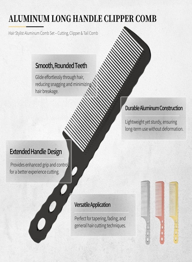 BARBERPLAN 3 Types Professional Aluminum Hair Combs Metal Combs for Hair Cutting Styling - Included Fine Tooth, Rat Tail, Handle Comb (Gold) - Image 4