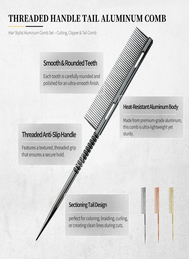 BARBERPLAN 3 Types Professional Aluminum Hair Combs Metal Combs for Hair Cutting Styling - Included Fine Tooth, Rat Tail, Handle Comb (Gold) - Image 3