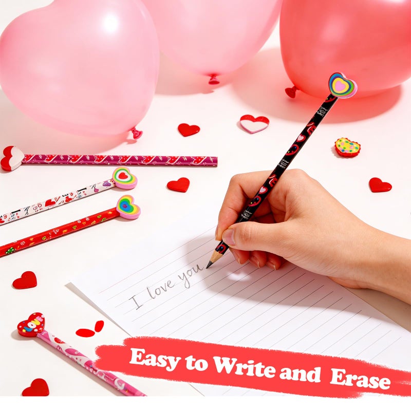 Fyxmi 24 Pcs Valentine Pencils Bulk With Erasers  6 Unique Heart Themed Design For Valentine Goodies Prize Gift Favor Party Supplies - Image 3