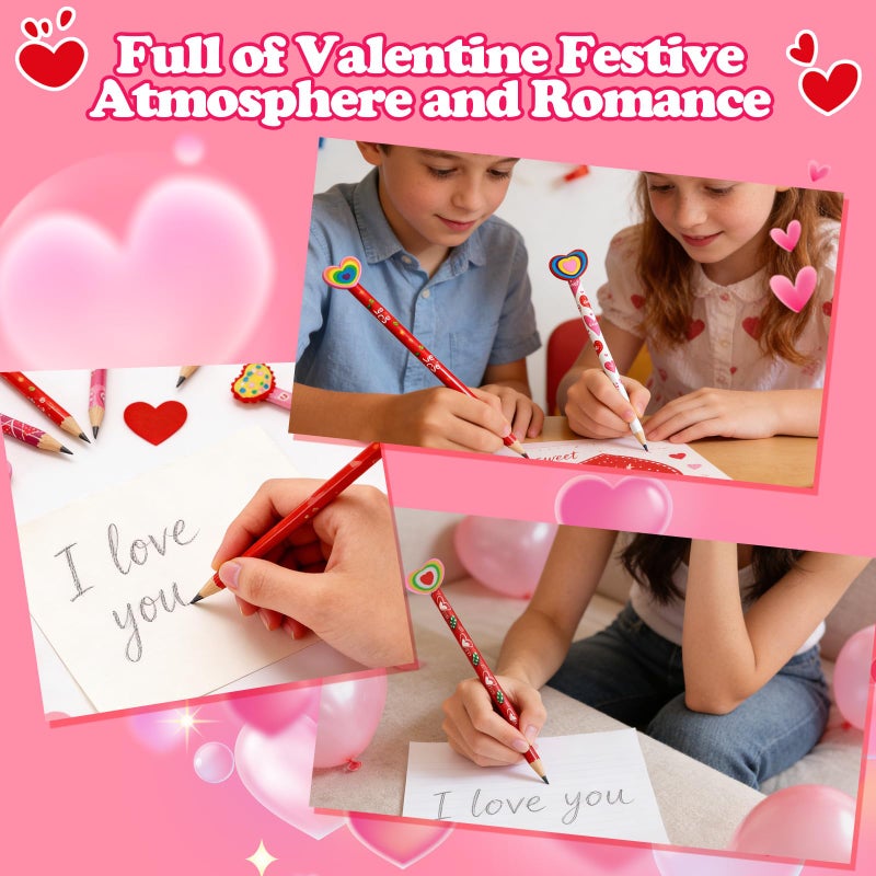 Fyxmi 24 Pcs Valentine Pencils Bulk With Erasers  6 Unique Heart Themed Design For Valentine Goodies Prize Gift Favor Party Supplies - Image 5