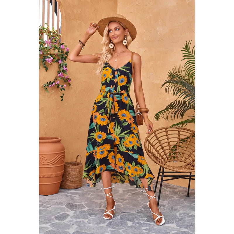BROVAVE Women's 2026 Summer Casual Boho Sundress Polka Dot Spaghetti Strap V Neck Flowy Midi Dresses(008 Sunflower, Large) - Image 2