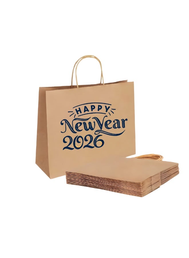 برينت شوب فور مي أكياس هدايا كرافت صديقة للبيئة بحجم A3 مع تهنئة بالعام الجديد 2026 - أكياس ورق كرافت قابلة لإعادة الاستخدام بحجم A3 لهدايا رأس السنة الجديدة - أكياس بقالة - Image 1