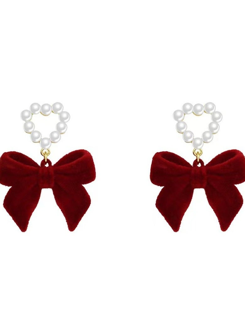 Burgundy Flocking Ribbon Pearl Earrings  - Image 1