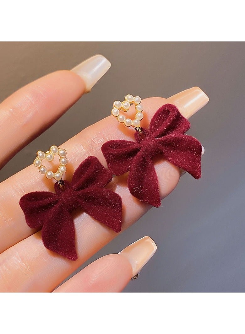 Burgundy Flocking Ribbon Pearl Earrings  - Image 2