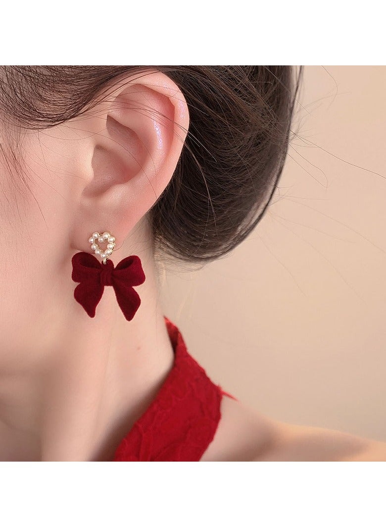 Burgundy Flocking Ribbon Pearl Earrings  - Image 3