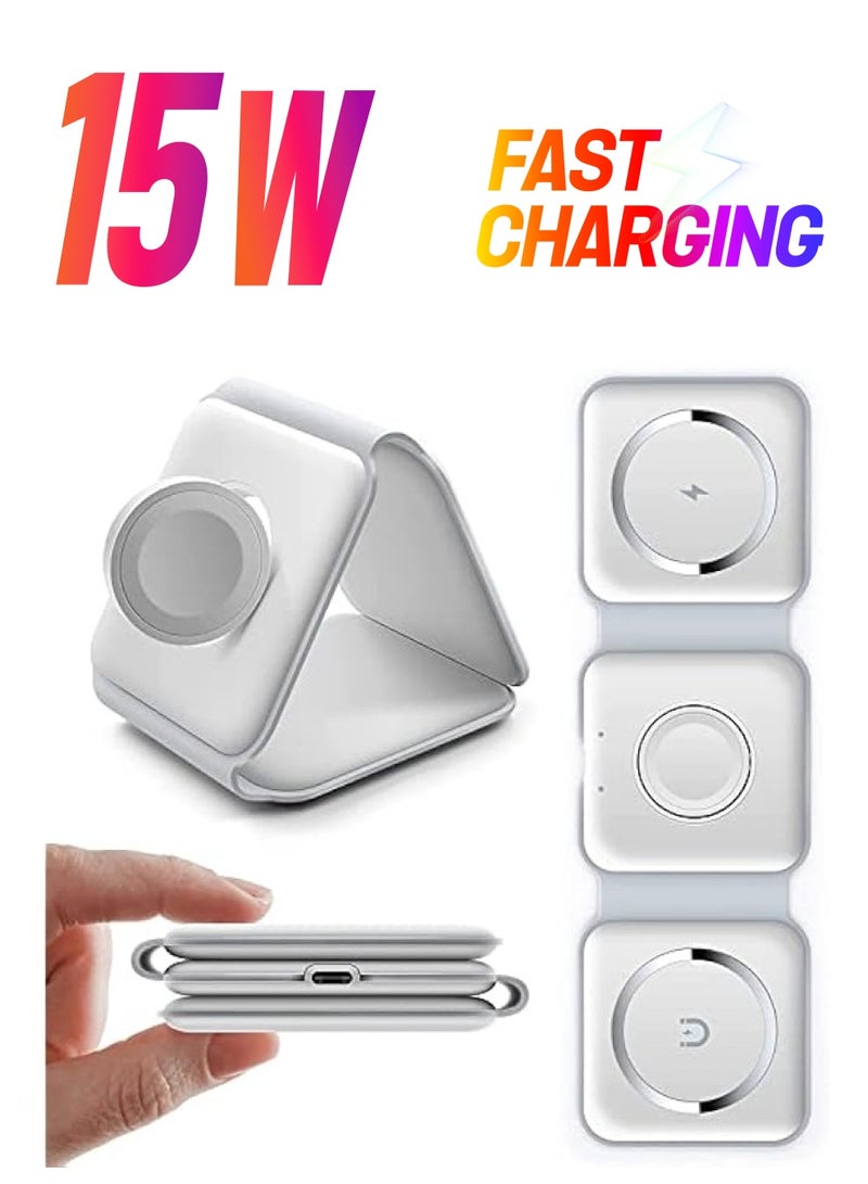 بادوم شاحن لاسلكي 3 في 1، قاعدة شحن مغناطيسية قابلة للطي، قاعدة شحن لاسلكية سريعة (أبيض) USB - Image 1