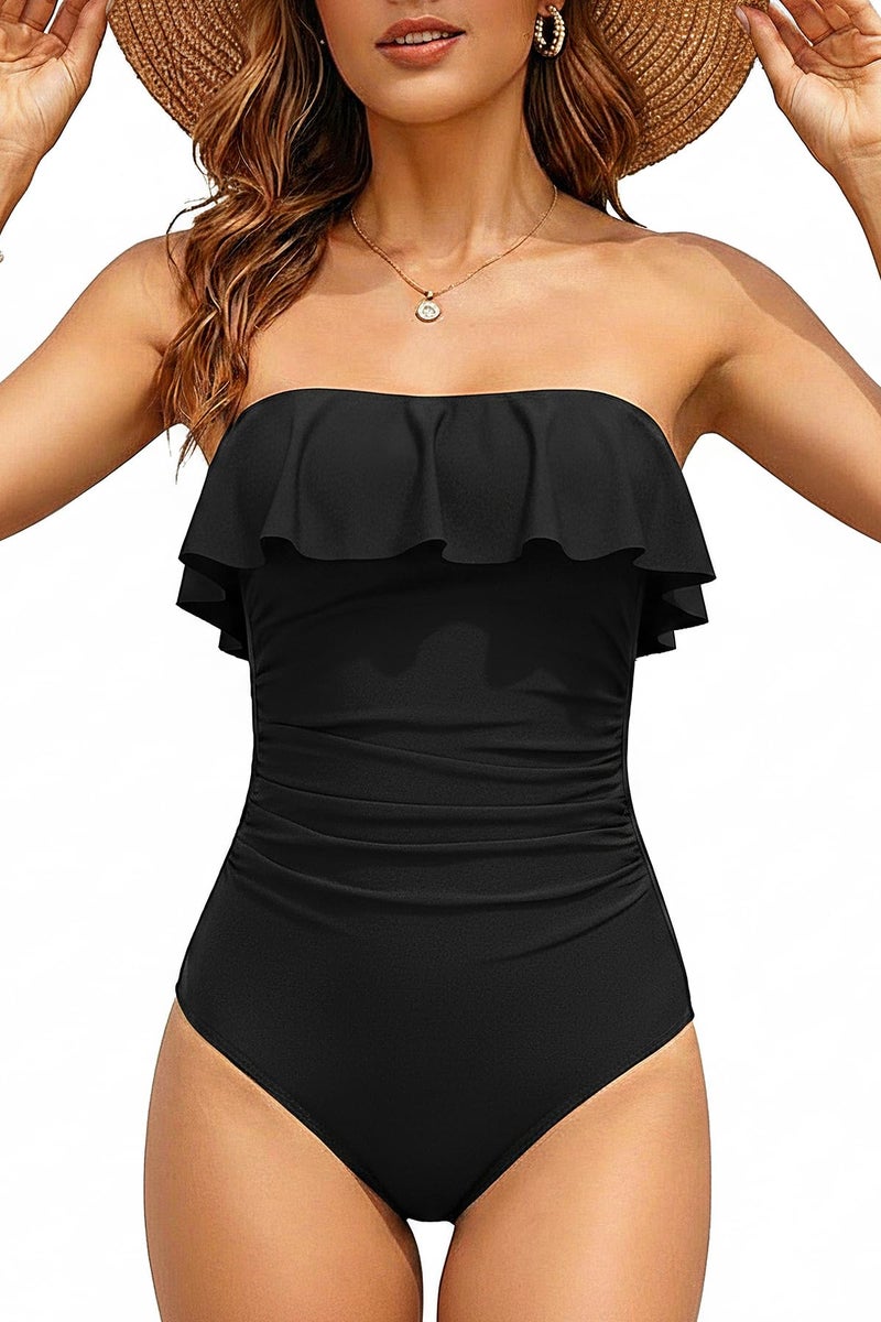 Holipick Black Strapless One Piece Swimsuits for Women Tummy Control Bandeau Bathing Suits Ruffle Slimming Swimwear XL - Image 1