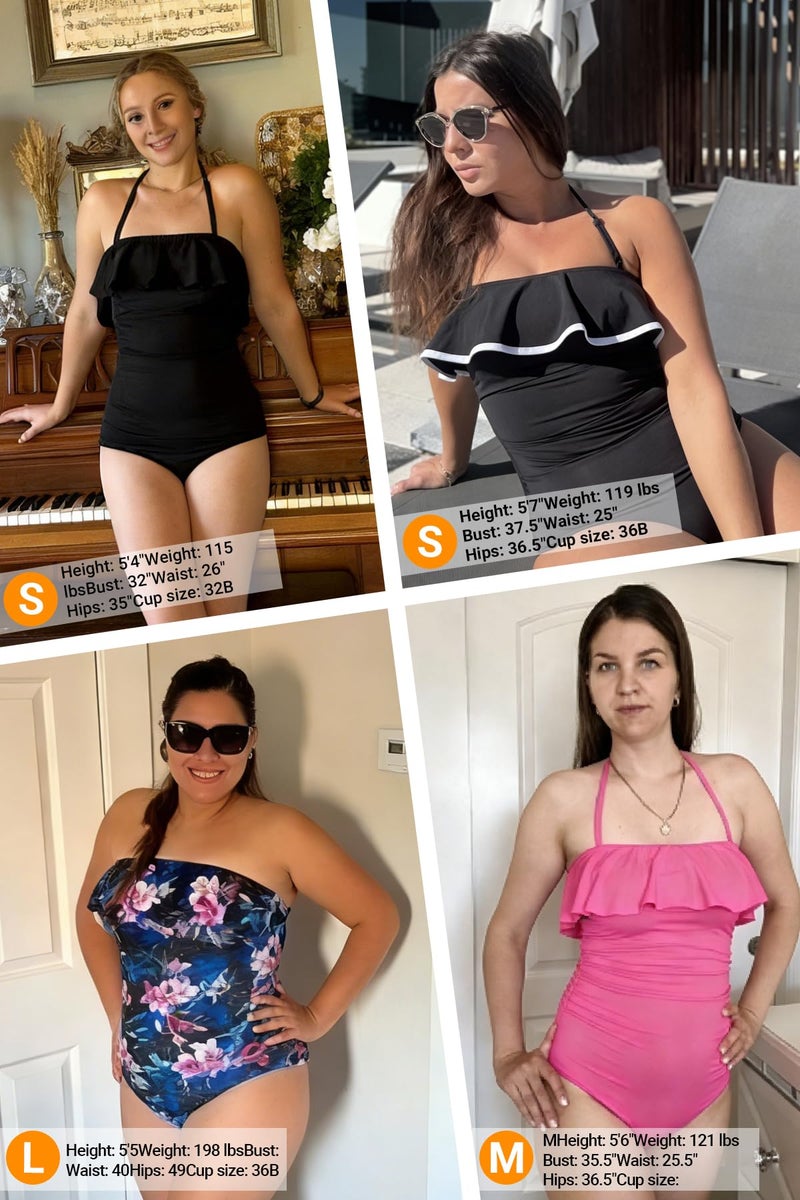 Holipick Black Strapless One Piece Swimsuits for Women Tummy Control Bandeau Bathing Suits Ruffle Slimming Swimwear XL - Image 2