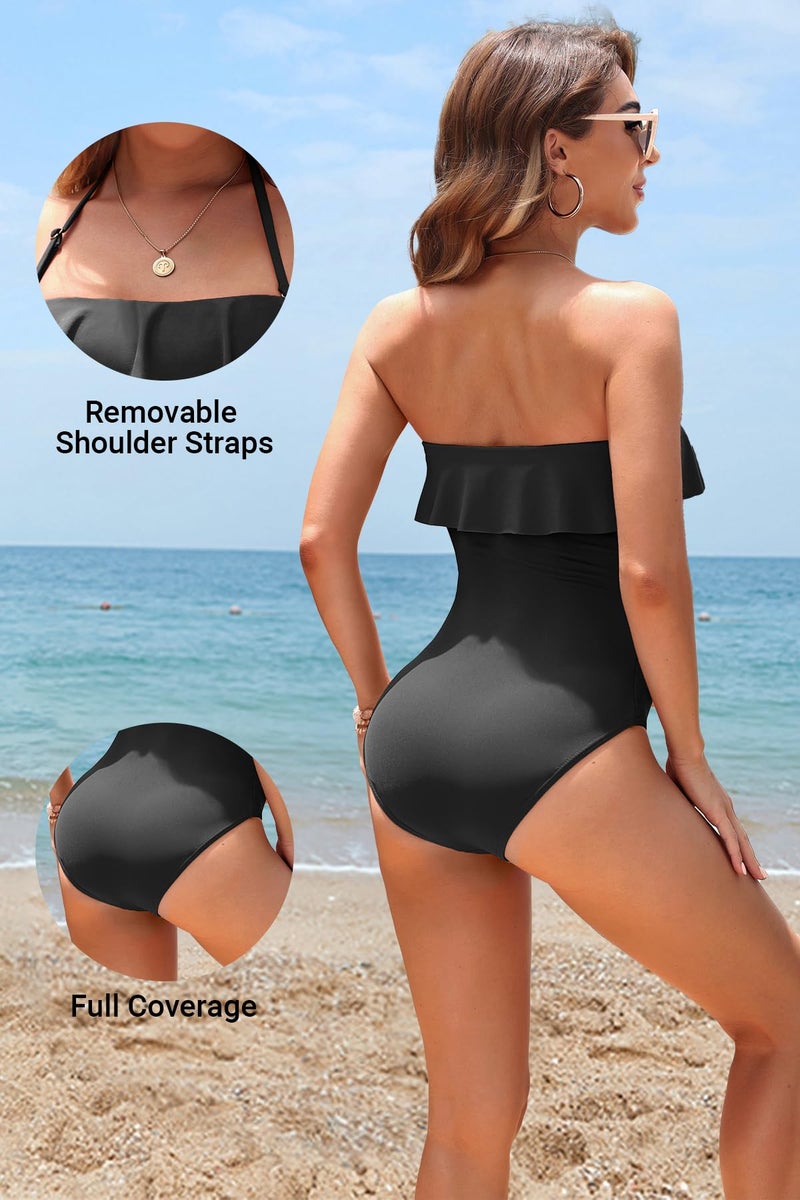 Holipick Black Strapless One Piece Swimsuits for Women Tummy Control Bandeau Bathing Suits Ruffle Slimming Swimwear XL - Image 3