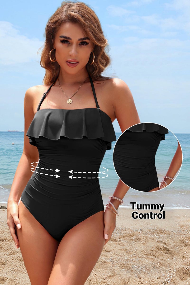 Holipick Black Strapless One Piece Swimsuits for Women Tummy Control Bandeau Bathing Suits Ruffle Slimming Swimwear XL - Image 4