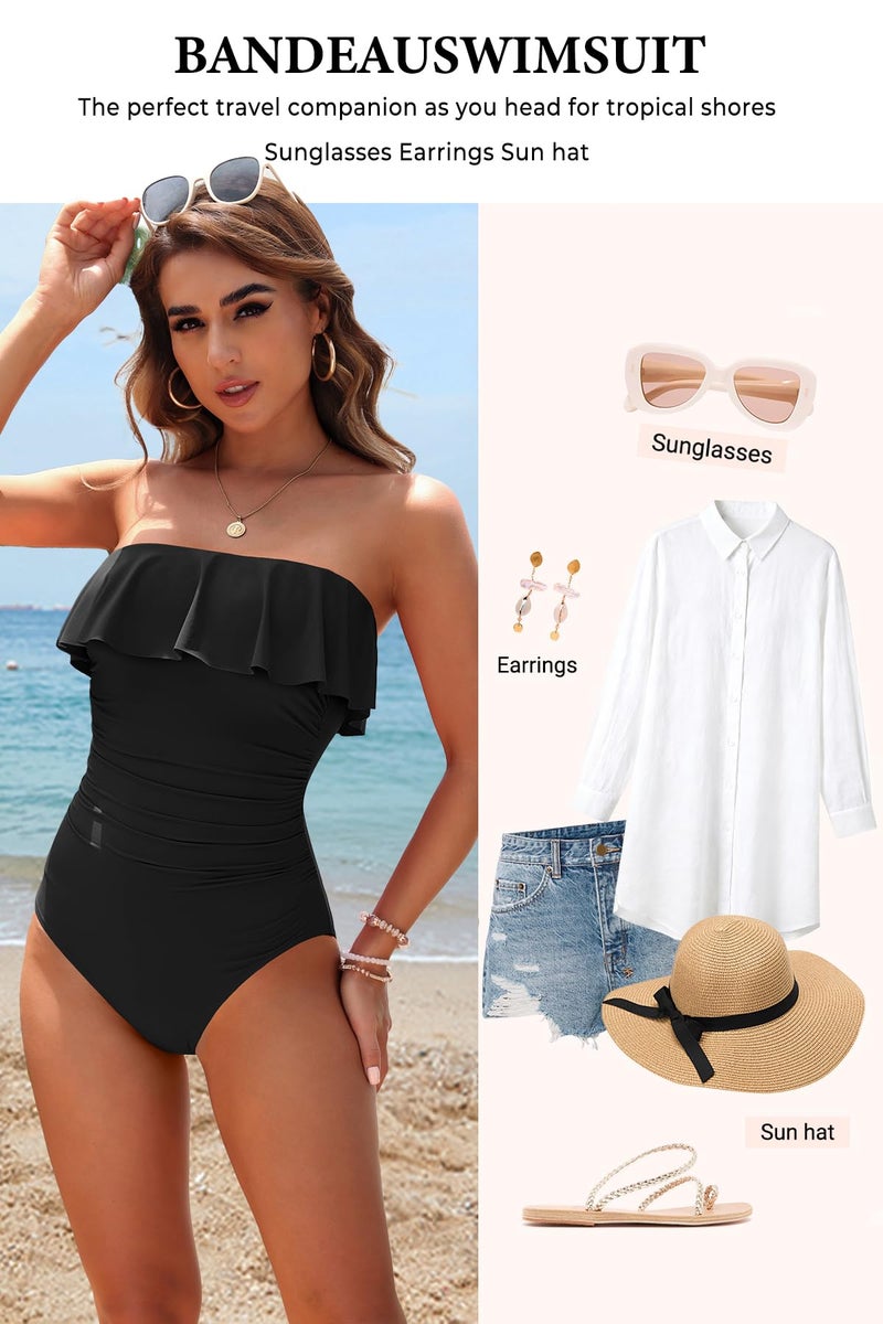 Holipick Black Strapless One Piece Swimsuits for Women Tummy Control Bandeau Bathing Suits Ruffle Slimming Swimwear XL - Image 5