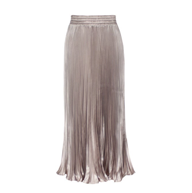 2024 Pleated Satin Maxi Skirt Metallic Sheen Lotus color (bean gauze powder) 