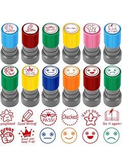 erorex 12Pcs Round Teacher Stamps For Grading Self Inking Rubber Stamps Mood Expressions And Comments Colorful Motivational Encouraging Stamp Set Teacher Review Stamp For Kids Education  - Image 1