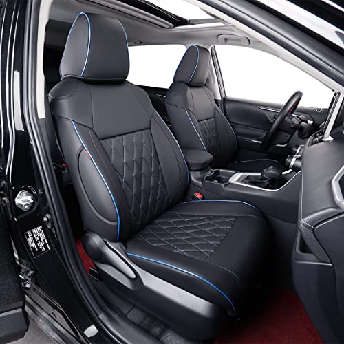EKR أغطية مقاعد EKR Rav4 لتويوتا RAV4 2019 2020 2021 2022 2023 2024 2025 LE,XLE,XLE Premium,Limited، غطاء مقعد السيارة للشاحنات SUV، مجموعة وسادة مقعد جلدية كاملة، جلد صناعي (أسود مع حواف زرقاء) - Image 1