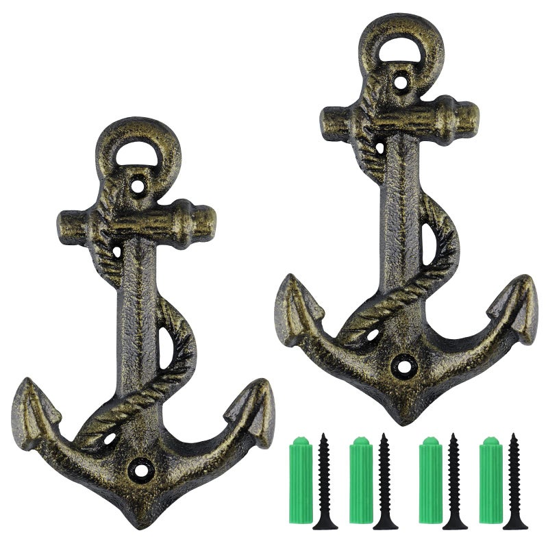 Sanbege 2 Pcs Anchor Coat Hooks Nautical Wall Hangers Vintage Cast Iron Key Holder for Hanging Towels Bags Robes Decorations Antique Bronze