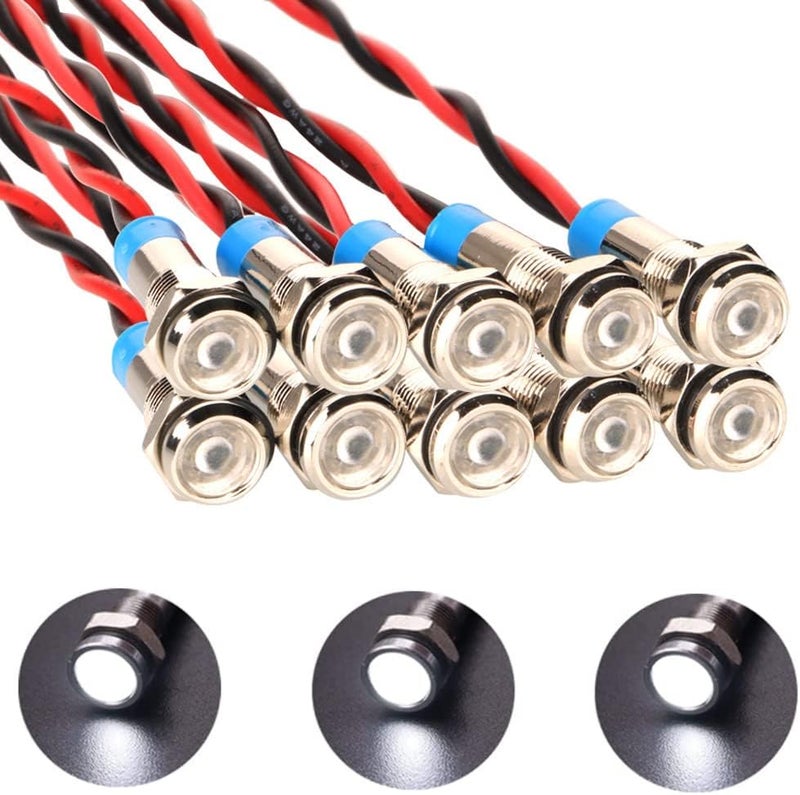 Gebildet 10pcs 6mm 1/4" 12-24V/DC LED Metal Light Indicator Light Waterproof Signal Lamp Pilot Dash Directional with Cable (White) - Image 1