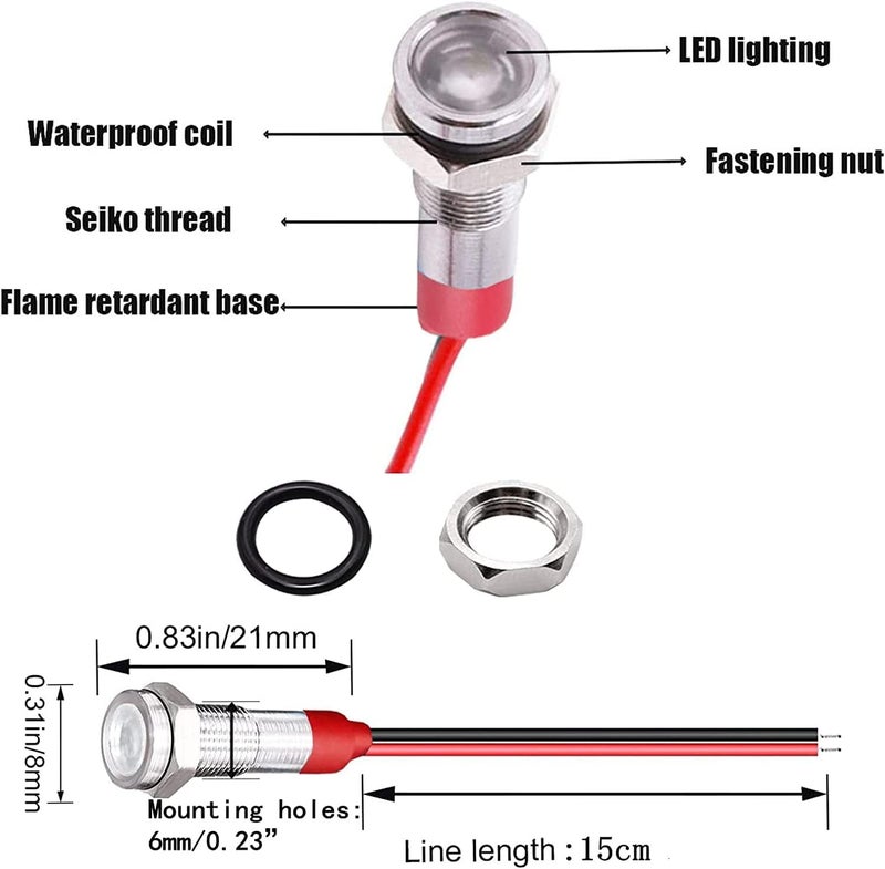 Gebildet 10pcs 6mm 1/4" 12-24V/DC LED Metal Light Indicator Light Waterproof Signal Lamp Pilot Dash Directional with Cable (White) - Image 2