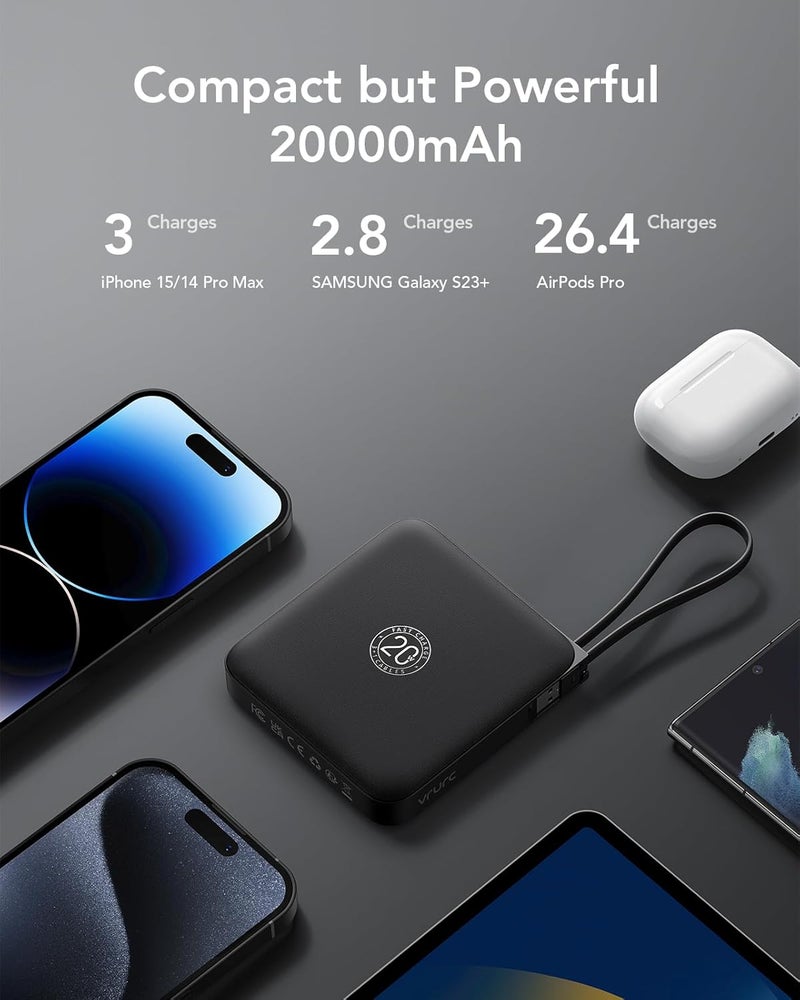 VRURC Power Bank, 20000mAh 22.5W Portable Charger with Built-in Cables, USB C In & Out Powerbank Fast Charging with LED Display Compatible with iPhone 16/15/14/13/12 Pro/Max Samsung Galaxy S23/S22 - Image 4