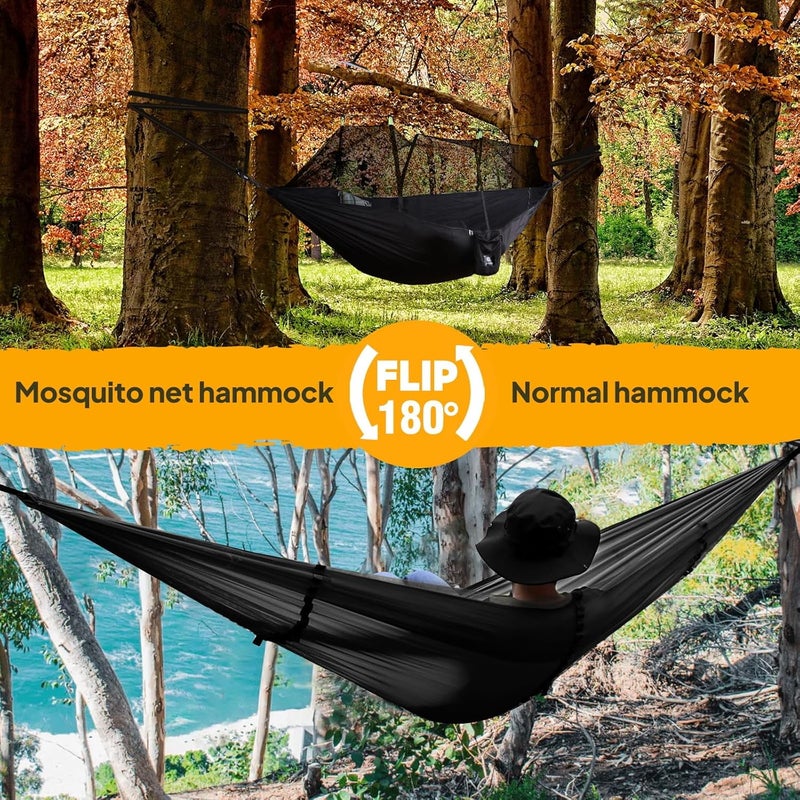 NATUREFUN Camping Hammock with Bug Net | 300kg Load Capacity,(300 x 200 cm) Breathable,Quick-drying Parachute Nylon Travel Hammock | 2 x Premium Carabiners,4 x Slings Included | Outdoor Indoor Garden - Image 2