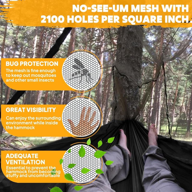 NATUREFUN Camping Hammock with Bug Net | 300kg Load Capacity,(300 x 200 cm) Breathable,Quick-drying Parachute Nylon Travel Hammock | 2 x Premium Carabiners,4 x Slings Included | Outdoor Indoor Garden - Image 5