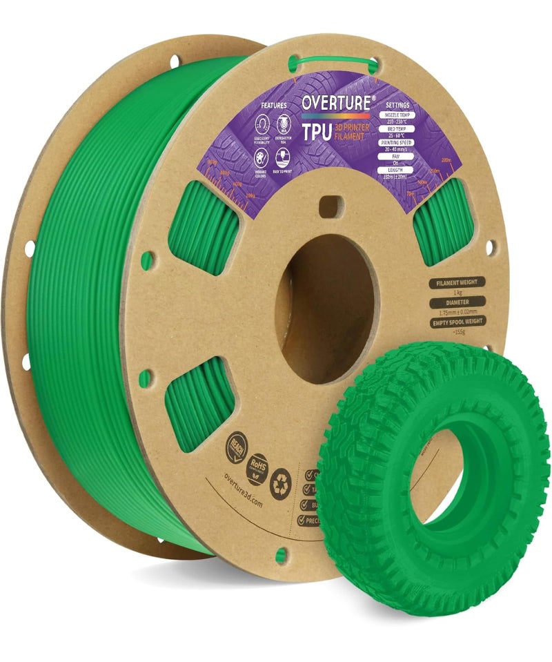 OVERTURE TPU Filament 175mm Flexible Roll 95A Soft 3D Printer Filament 1kg Spool 22 lbs Fit Most FDM Printer TPU Green