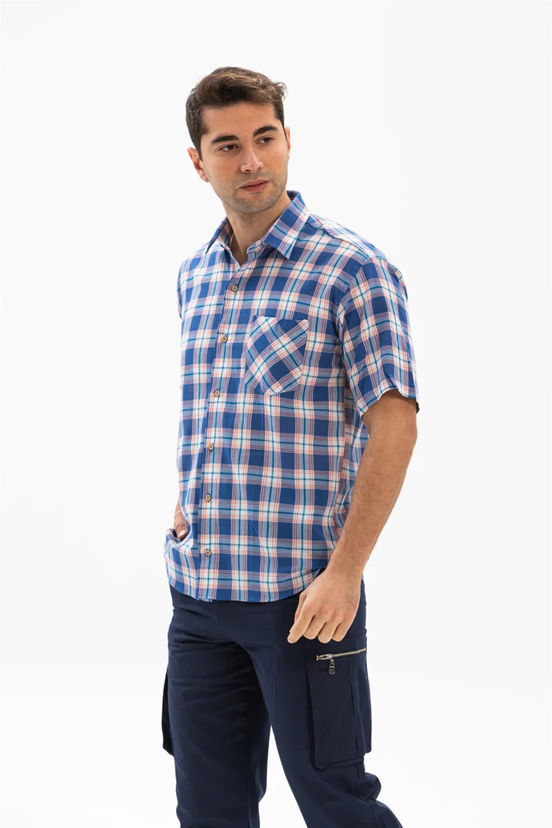 اليش شيل بيزي Short Sleeve Şile Cloth Single Pocket Men's Shirt Saks Plaid 3060