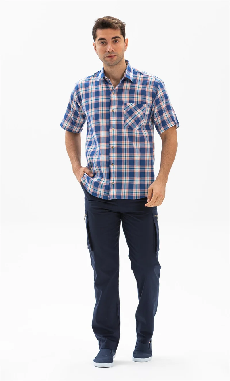 اليش شيل بيزي Short Sleeve Şile Cloth Single Pocket Men's Shirt Saks Plaid 3060