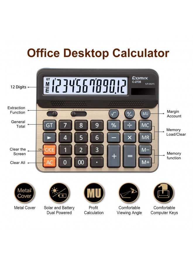 Comix Desktop Calculator, Large Computer Keys, 12 Digits Display, Champaign Gold Color Panel, C-2735 - Image 2