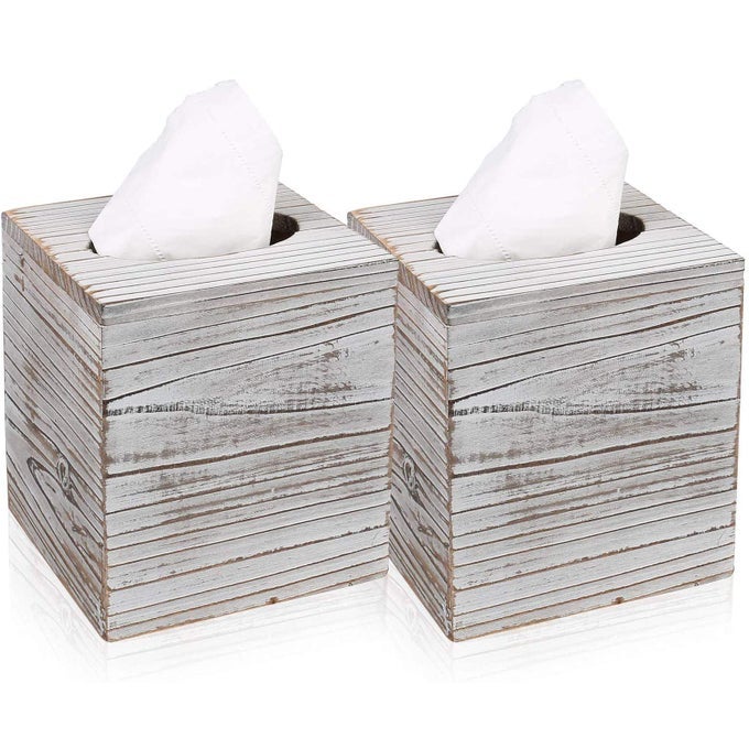 SQUARE TISSUE BOX COVER WITH SLIDEOUT BOTTOM PANEL PERFECT FOR BATHROOM VANITY COUNTERTOPS BEDROOM DRESSERS NIGHT STANDS DESKS AND TABLES PACK OF 2