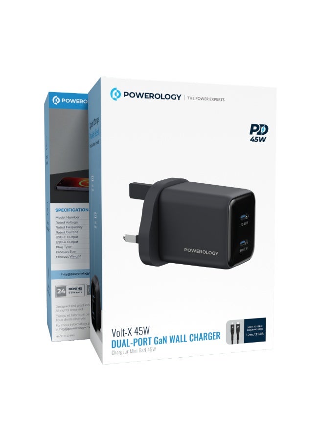 Powerology Volt-X 45W Dual-Port GaN Wall Charger, 2x USB-C PD 45W Output, UK Plug, GaN Technology, 1.2m USB-C to USB-C Cable Included, Compact Travel Size, Advanced Safety Feature, More Efficient & Practical than Others by GaN Technology / Universal Protocol Support - Black - Image 3