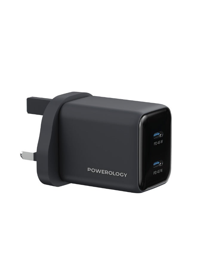 Powerology Volt-X 45W Dual-Port GaN Wall Charger, 2x USB-C PD 45W Output, UK Plug, GaN Technology, 1.2m USB-C to USB-C Cable Included, Compact Travel Size, Advanced Safety Feature, More Efficient & Practical than Others by GaN Technology / Universal Protocol Support - Black - Image 1