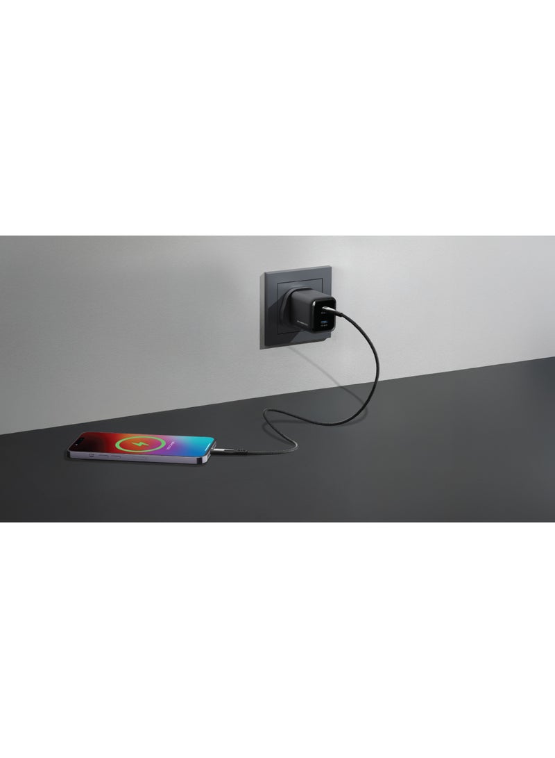 Powerology Volt-X 45W Dual-Port GaN Wall Charger, 2x USB-C PD 45W Output, UK Plug, GaN Technology, 1.2m USB-C to USB-C Cable Included, Compact Travel Size, Advanced Safety Feature, More Efficient & Practical than Others by GaN Technology / Universal Protocol Support - Black - Image 2