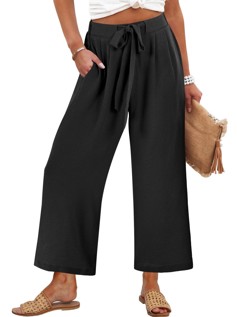 Caracilia Womens Wide Leg Palazzo Pants Cropped High Waisted 2026 Summer Casual Loose Lounge Flowy Travel Work Trousers Black Large - Image 1