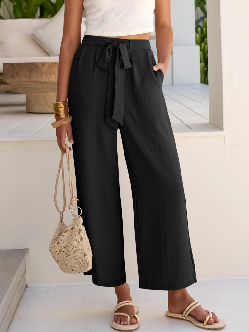 Caracilia Womens Wide Leg Palazzo Pants Cropped High Waisted 2026 Summer Casual Loose Lounge Flowy Travel Work Trousers Black Large - Image 2