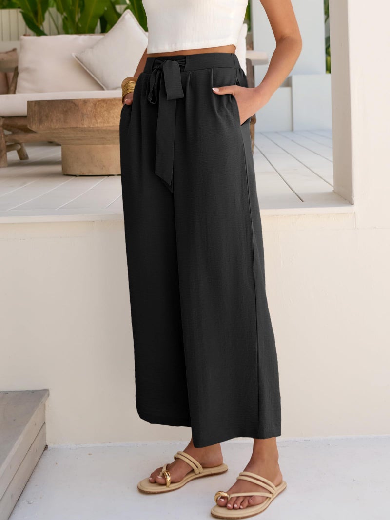 Caracilia Womens Wide Leg Palazzo Pants Cropped High Waisted 2026 Summer Casual Loose Lounge Flowy Travel Work Trousers Black Large - Image 3