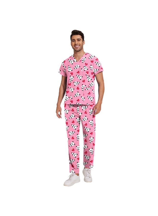 NIBEMINENT Scrub Set Men Casual Short-sleeved Pet Nurse Work Clothes Cartoon Print V-neck Dentist Work Uniform Practical Pocket - Image 1